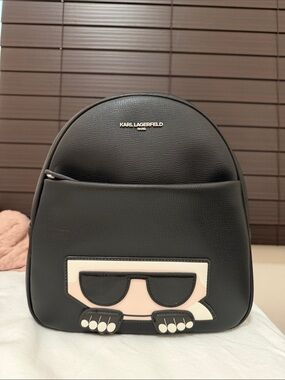 Karl Lagerfeld Black Mini Backpack with Character Face Appliqué
